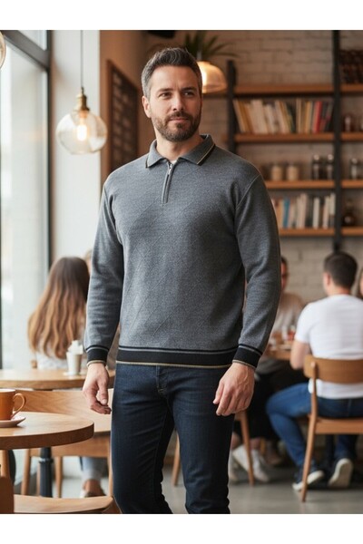 Kamalı Сірий чоловічий трикотажний светр з текстурованою передньою частиною, коміром-поло на блискавці, непихкаючий трикотаж, зимовий светр.