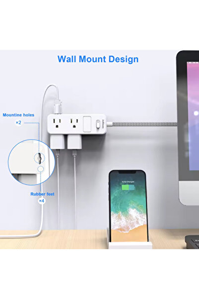 Choice مقبس تيار متردد أبيض مقاس 6 بوصات أمريكي، شريط طاقة متعدد المنافذ، سلك تمديد بطول 5 أقدام، مقبس كهربائي للمنزل الذكي