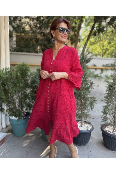 DenizEge All Button Embroidered Dress Red