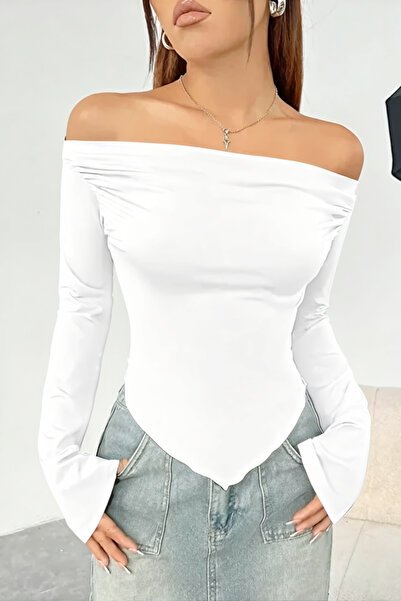 ecemore بلوزة مادونا بأكمام طويلة وتفاصيل مطاطية