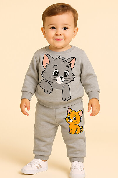bebekpare Erkek Çocuk Alt Üst Takım Kedi Gri (Şardonsuz Kumaş) %100 Pamuk