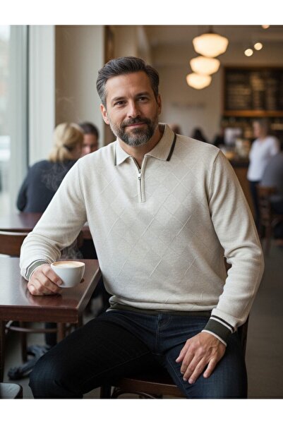 Kamalı Krem Erkek Çelik Örgü Önü Dokulu Gömlek Yaka Fermuarlı Polo Yaka Tüylenmeyen Triko Kışlık Kazak