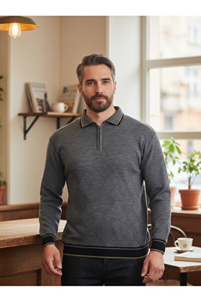 Kamalı Сірий чоловічий трикотажний светр з текстурованою передньою частиною, коміром-поло на блискавці, непихкаючий трикотаж, зимовий светр.