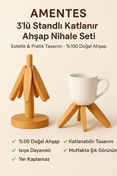 Amentes 3lü Standlı Bambu Ağaç Nihale Seti Isıya Dayanıklı Bardak ve Tencere Altı Katlanır Nihale