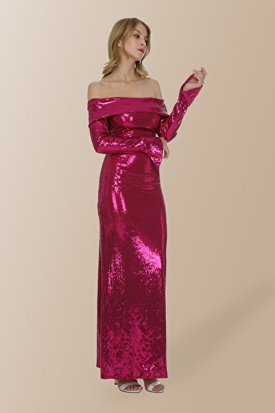 Elif Naz Moda Evi fuşya payet omzu açık yaka uzun kollu uzun elbise