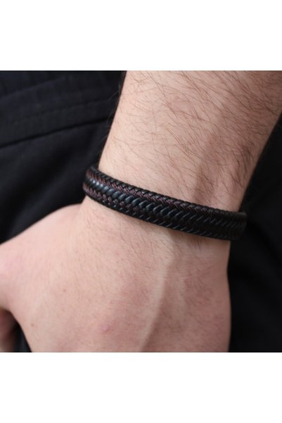 DEHNA Men's Genuine Leather Handmade Bracelet – Black & Brown with Braided Detail, Magnetic Closure