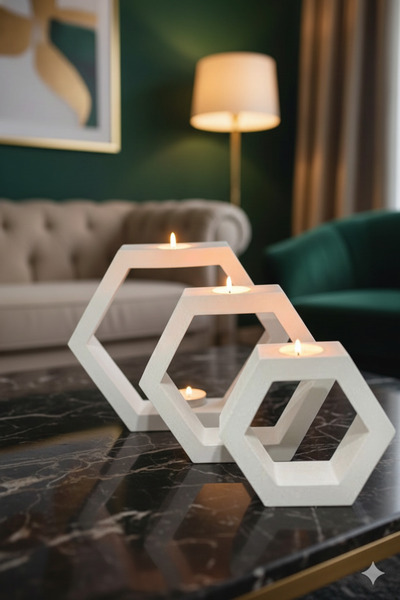 muffag 3'lü Büyük Boy Set Altıgen Tealight Dekoratif Mumluk Obje