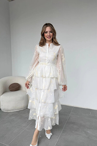 HELİS BUTİK Embroidered Carolin Fabric Flounced Layered Ecru Belted Dress