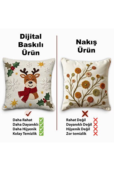Artvibe Yılbaşı Temalı 2li Geyikli Kadife Kırlent Kılıfı Nakış Görünümlü Set Dijital Baskılı