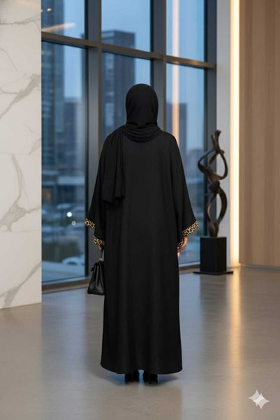 GigiTex طقم عباية حجاب مع شال، بتفاصيل شرائط بنقشة جلد الفهد، طول 150 سم، مقاس قياسي 38–44