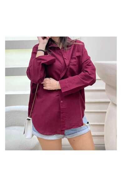 blackbonds Kadın bordo Keten Gömlek Yazlık Oversize Gömlek Yeni Sezon tek cepli