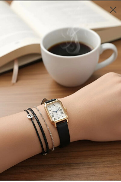 MİLABELLA Isadora Siyah Cilt Deri Kordonlu Yeşil Dikdörtgen Minimal Kadın Kol Saati