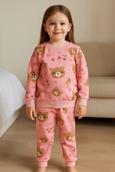 Arya Nisa Kids طقم موسمي للفتيات مطبوع عليه دب باللون الوردي مصنوع من القطن ب...