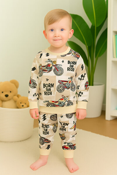 Arya Nisa Kids Boys' Motorcycle Printed Brown 100% Cotton Seasonal Pajama Set