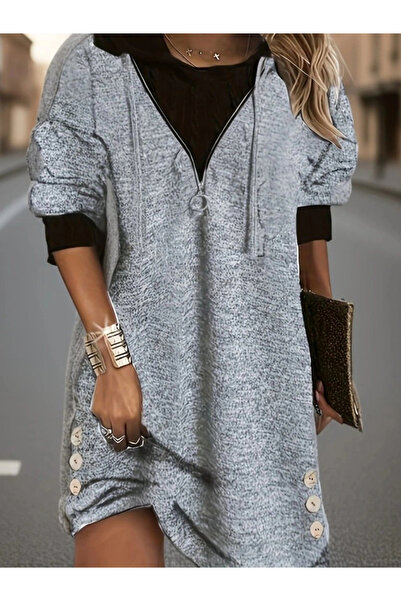 ARONA Γυναικείο μακρυμάνικο φόρεμα με κουκούλα με φερμουάρ μπροστά και κουμπιά, μίνι φόρεμα με δύο κλωστές