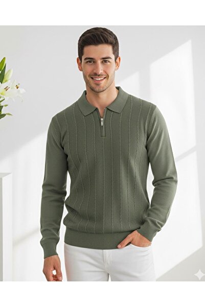 Miron Πλεκτό πουλόβερ με ραβδώσεις Polo Neck Khaki - Honeycomb Texture - 2445