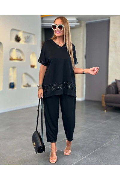 Genel Markalar MDB Kadın Kısa Kollu V Yakalı Pul Payetli Viskon Iki Iplik Blu...