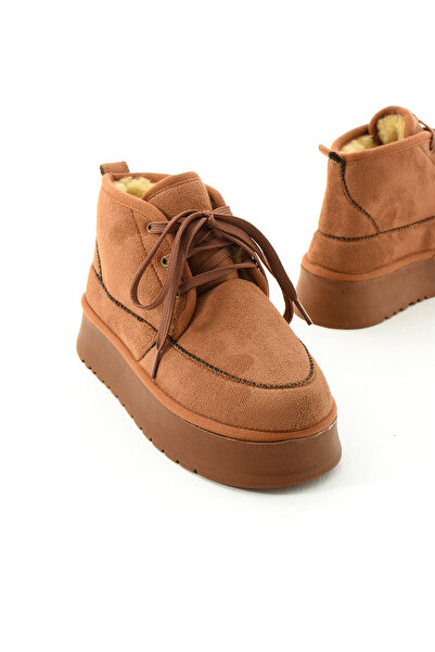 Cochines Κοντές γυναικείες μπότες Tan Suede - Φούτερ μέσα, χοντρή σόλα και κορδόνια