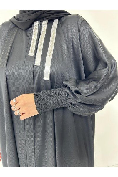 GigiTex Satin Gray Cutout Bead Detail Zippered Ferace Length 1.55 cm Standard Size Oversize 44-- 60 Size