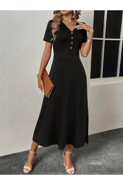 Wear Up Rochie midi din viscoză cu fantă pentru femei MDB, cu mâneci scurte, ...