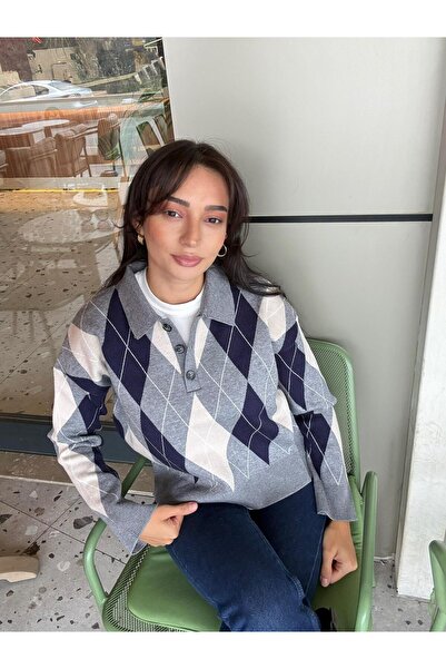 Mila YUMUŞAK DOKULU BAKLAVA DESENLİ POLO YAKA KAZAK