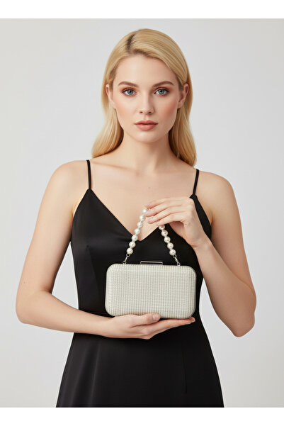 Biçanta Ekru Renk İncili Saplı Simli Tel Kırma Kadın Abiye Çanta Düğün Nişan ...