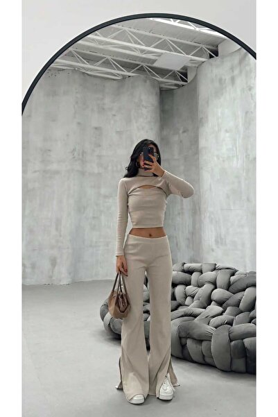 albaroda Bluză decoltată bej pentru femei și talie înaltă cu fantă Trening și pantaloni