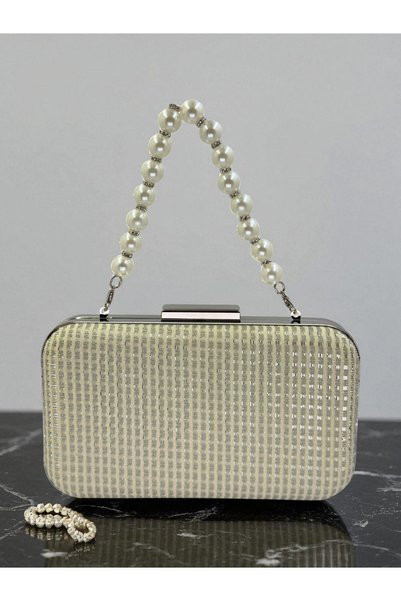 MidStore Ecru Color Pearl Handle Glitter Wire Wrapping Women's Evening Dress Bag