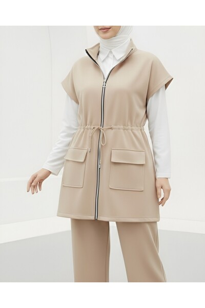 Modamorfo Double Pocket Zippered Rubber Detailed Short Sleeve Scuba Suit - Beige