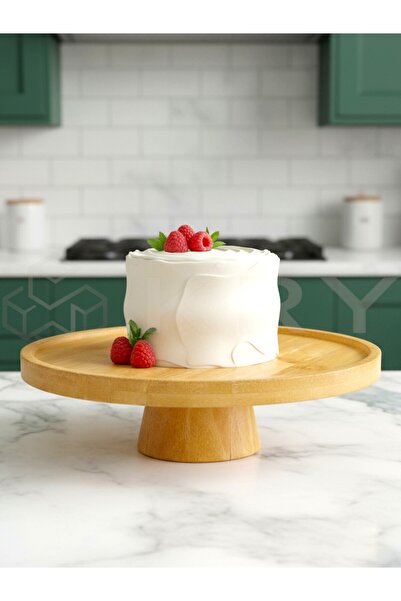 KRY Doğal Bambu Ayaklı Pasta & Kek Standı 25x6 cm | Yuvarlak Sunumluk, Tatlı & Meyve Servis Tabağı