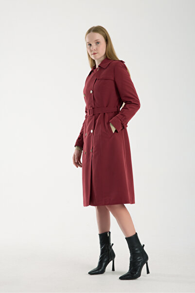 Soydan Güner Kadın Kırmızı Düğme Kapamalı Uzun Trençkot Bordo 5777