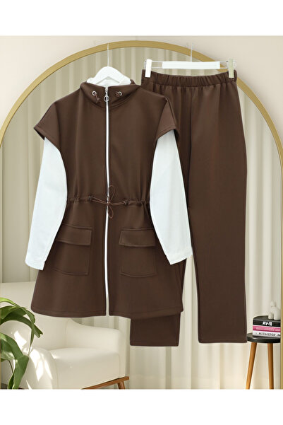 Modamorfo Double Pocket Zippered Rubber Detailed Short Sleeve Scuba Suit - Brown