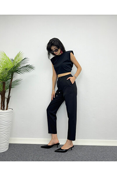 deqfashion Siyah Beli Lastikli Bağcıklı Havuç Kumaş Pantolon