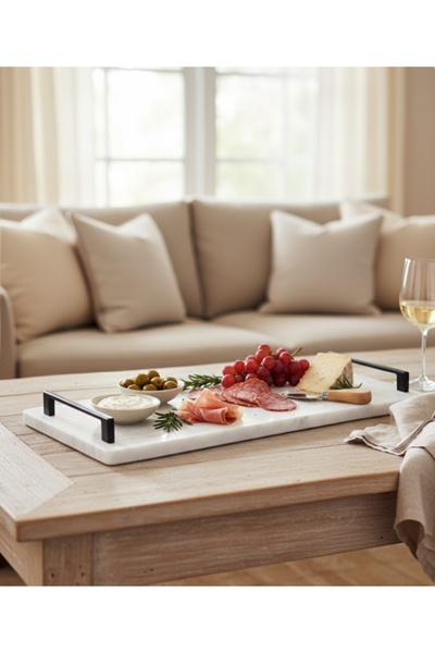 FARALYAHOME Natural Marble 40X15 cm Promise Engagement Presentation Tray, Decorative Tray, Presentation Tray White Marble -Fergo Black