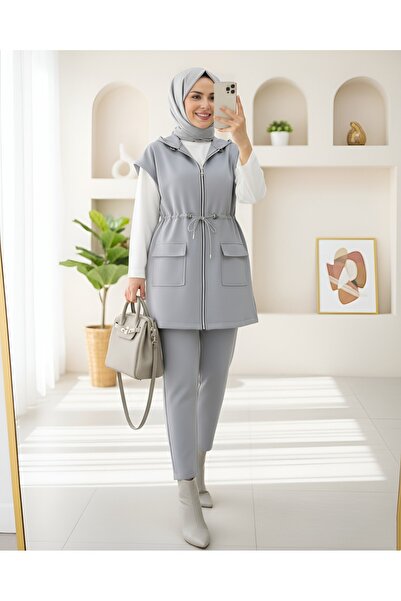 Modamorfo Double Pocket Zippered Rubber Detailed Short Sleeve Scuba Suit - Gray