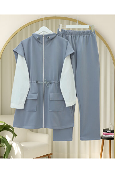 Modamorfo Double Pocket Zippered Rubber Detailed Short Sleeve Scuba Suit - Gray