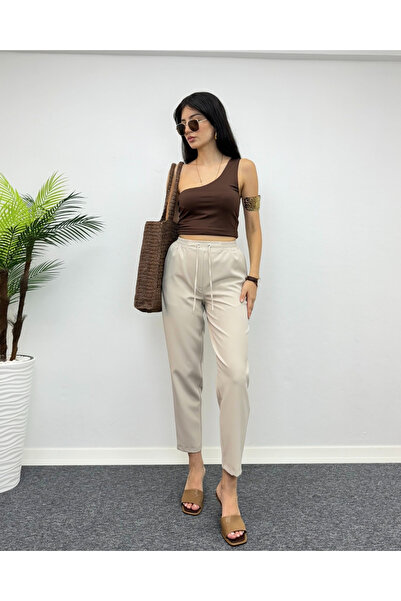 deqfashion Bej Beli Lastikli Bağcıklı Havuç Kumaş Pantolon