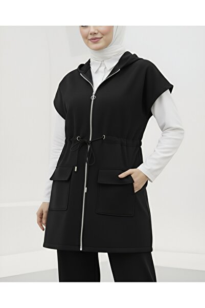 Modamorfo Double Pocket Zippered Rubber Detailed Short Sleeve Scuba Suit -Black