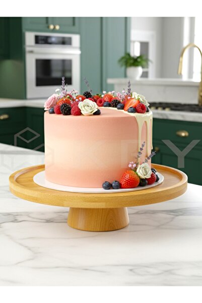 KRY Doğal Bambu Ayaklı Pasta & Kek Standı 25x6 cm | Yuvarlak Sunumluk, Tatlı & Meyve Servis Tabağı