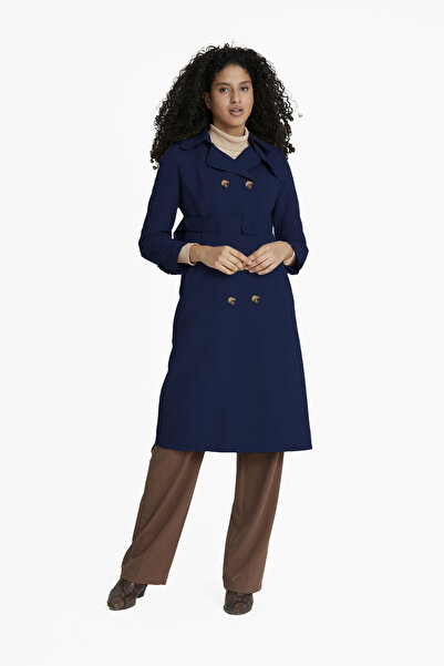 Soydan Güner Kadın Su İtici Özellikli Kırışmaz Kumaş Ara Boy Trençkot Lacivert 5777