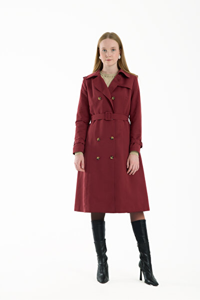Soydan Güner Kadın Kırmızı Düğme Kapamalı Uzun Trençkot Bordo 5777