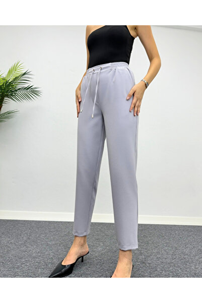deqfashion Gri Beli Lastikli Bağcıklı Havuç Kumaş Pantolon
