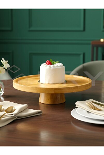 KRY Doğal Bambu Ayaklı Pasta & Kek Standı 25x6 cm | Yuvarlak Sunumluk, Tatlı & Meyve Servis Tabağı