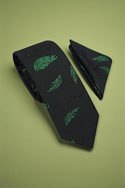 Milleniva Feather Pattern Green Tie & Handkerchief