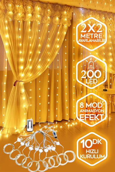 Neovista 2x2 Metre USB'li 8 Animasyonlu Uzaktan Kumandalı Gün Işığı Peri Tel Led Perde