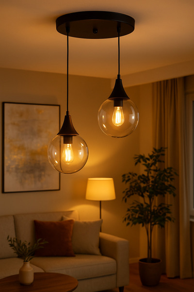 VENON Aydınlatma Mehtap 2 Li Sarkıt Siyah Glop Füme Cam Avize