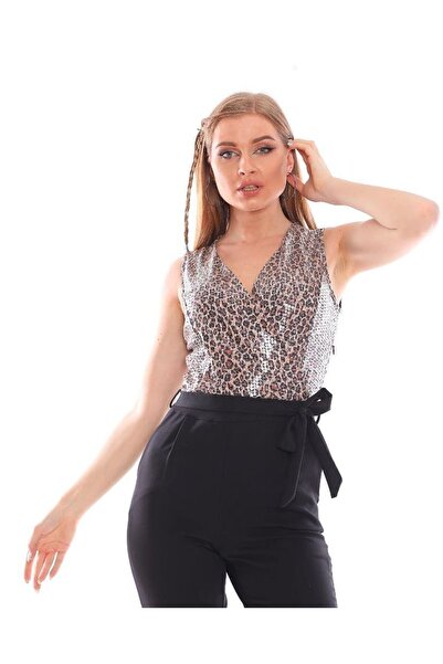 Misselens Leopar Desenli Payetli Kuşaklı Tulum