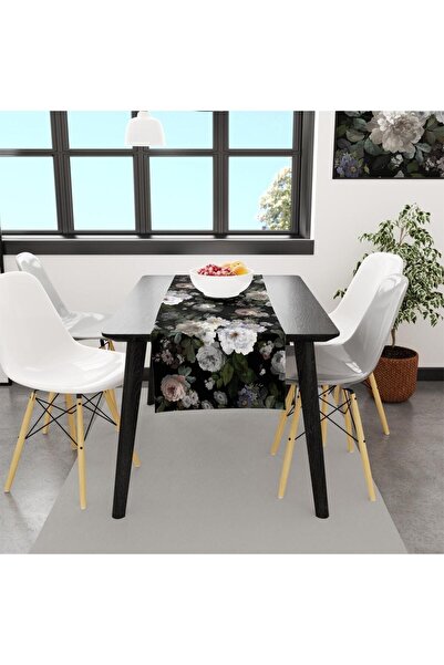 Adawall عداء الزهور السوداء مقاس 140 × 45 سم (كتان رقيق، شهادة عالمية للغسيل والتلاشي)