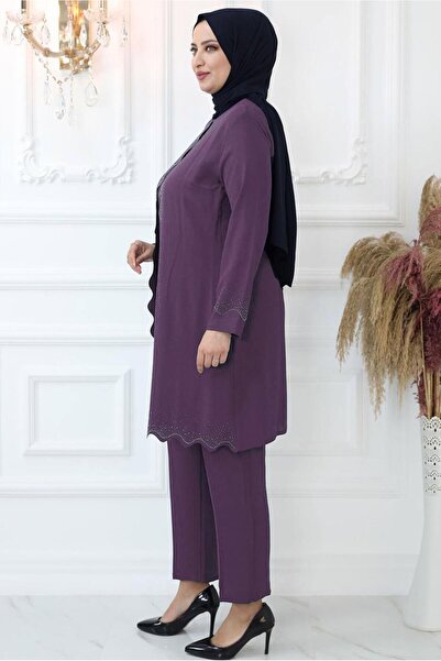 TRENDTESETTÜR KADIN MOR (VİOLET) TAŞ İŞLEMELİ PANTOLONLU TAKIM T 4521