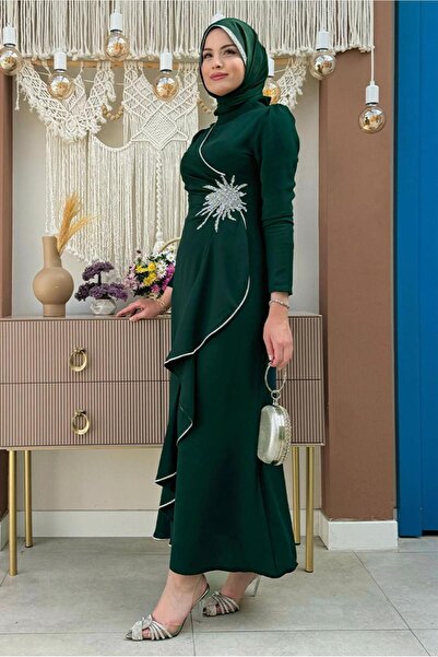 TRENDTESETTÜR Γυναικείο βραδινό φόρεμα με λεπτομέρεια από πράσινη πέτρα - T 2021